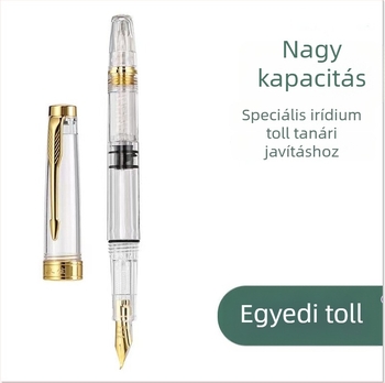 Tanárnak készült átlátszó piros töltőtoll nagy kapacitással a házi feladat javításához, dugattyús tintaellátó rendszerrel és tinta tárolással