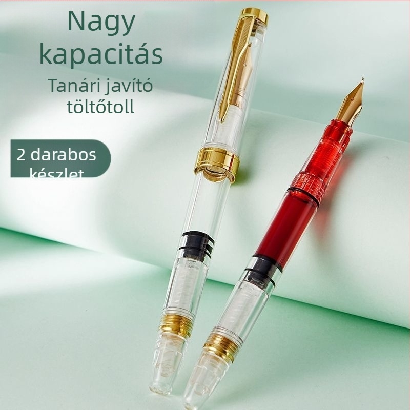 Tanárnak készült átlátszó piros töltőtoll nagy kapacitással a házi feladat javításához, dugattyús tintaellátó rendszerrel és tinta tárolással