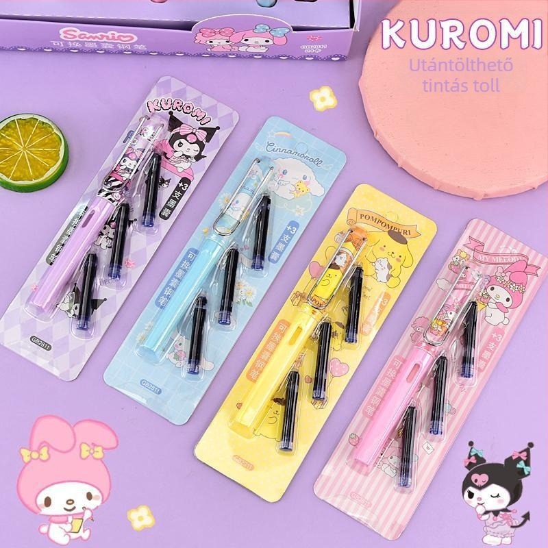 Sanrio töltőtoll 3 tartalék tintasacskóval Kuromi, Cinnamon Dog és Pudding számára — kezdőknek íráshoz