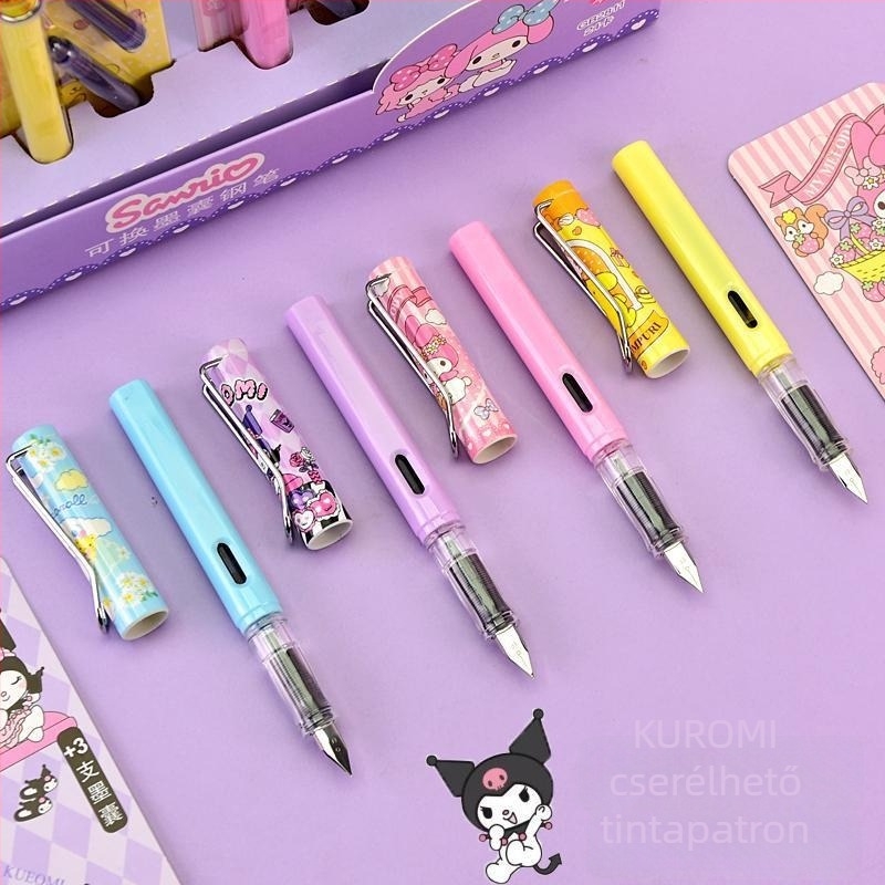 Sanrio töltőtoll 3 tartalék tintasacskóval Kuromi, Cinnamon Dog és Pudding számára — kezdőknek íráshoz