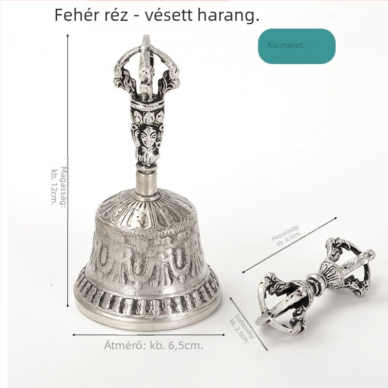 Népalban kézzel készített tibeti tantrikus harang és dorje készlet, fehér rézötvözet