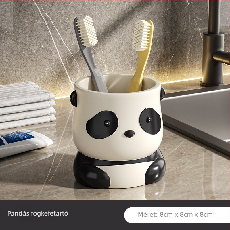 Panda témájú gyerek szájöblítő pohár és fogkefetartó – gyanta dekoratív figura otthonra