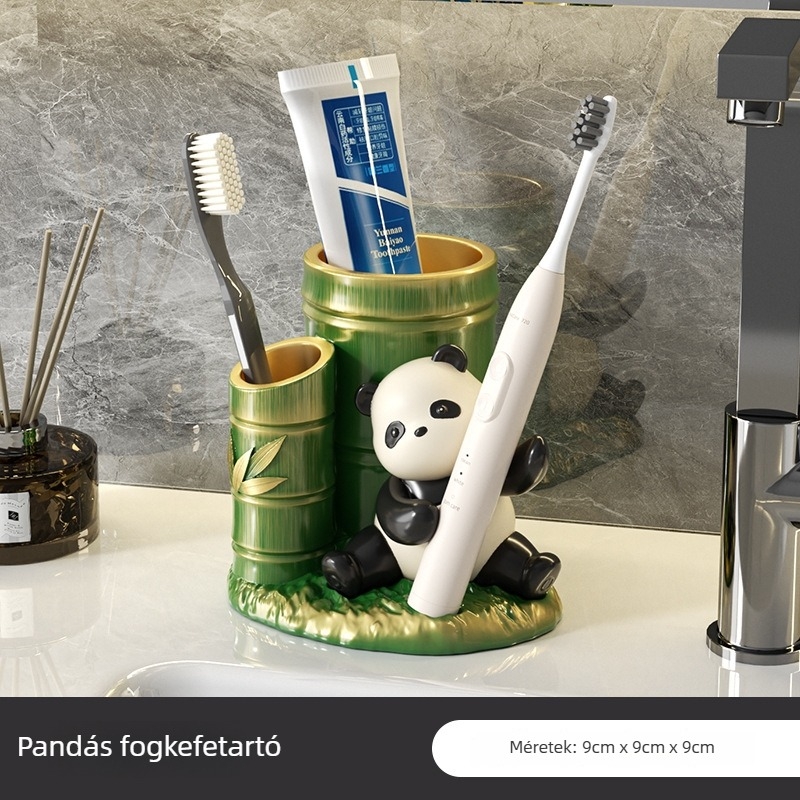 Panda témájú gyerek szájöblítő pohár és fogkefetartó – gyanta dekoratív figura otthonra