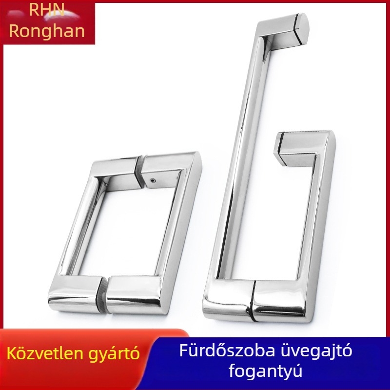 Dušzuhany ajtajának üveges kilincse-pár, O-alakú fogantyúk, kerek cső, L-alakú húzófogantyú, rozsdamentes acél 304