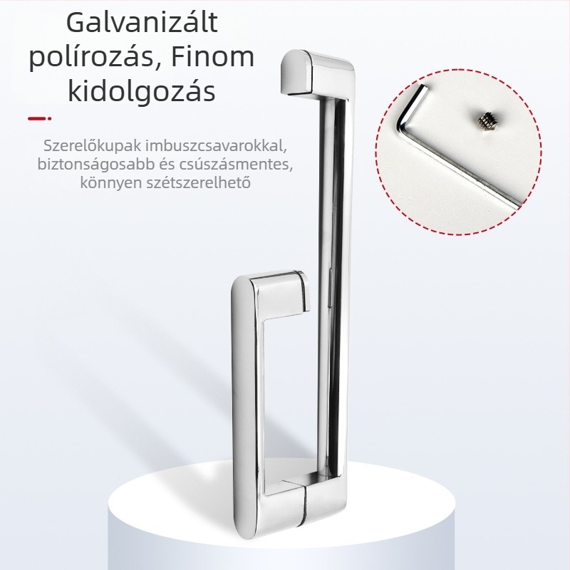 Dušzuhany ajtajának üveges kilincse-pár, O-alakú fogantyúk, kerek cső, L-alakú húzófogantyú, rozsdamentes acél 304