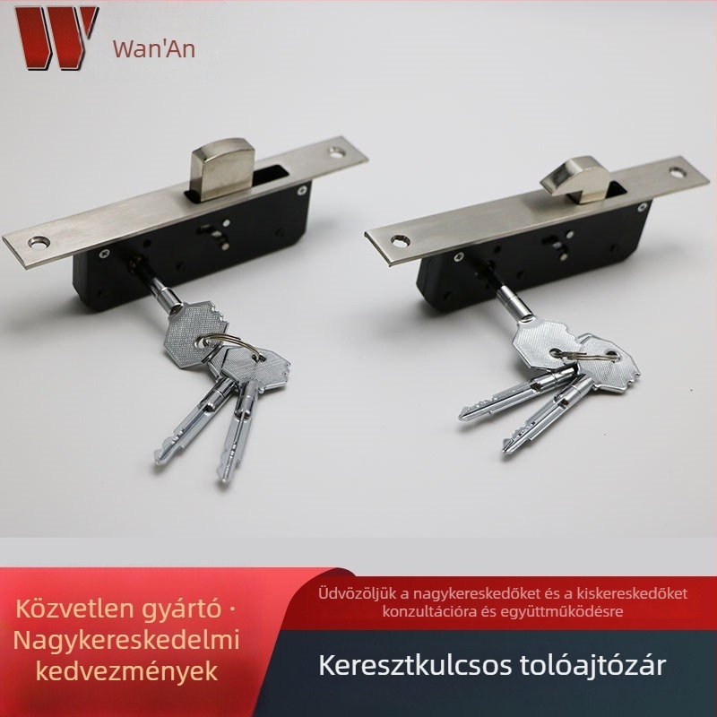Csúszóajtókhoz való zár, keretes kivitel, kettős cilinderrel, lopás elleni kampózár
