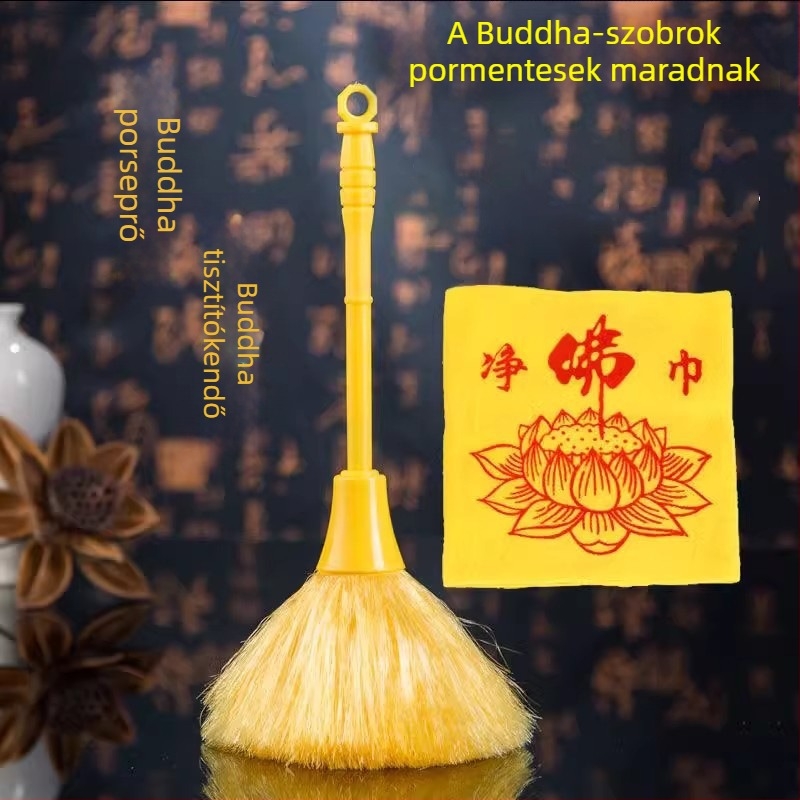 Buddhista oltár tisztító készlet: poroló ecset, tisztító kendő és Buddha szobor