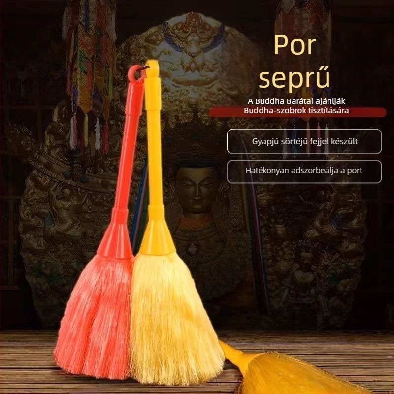 Buddhista oltár tisztító készlet: poroló ecset, tisztító kendő és Buddha szobor