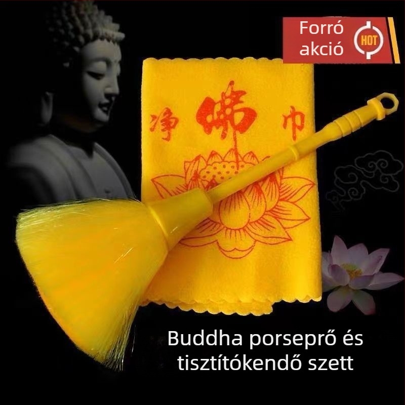 Buddhista oltár tisztító készlet: poroló ecset, tisztító kendő és Buddha szobor