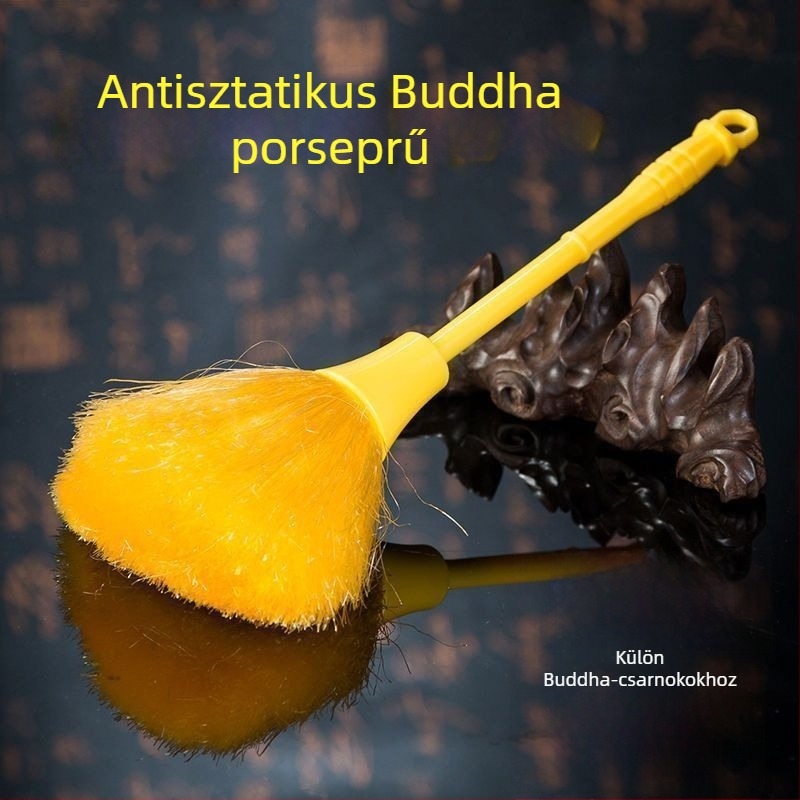 Buddhista oltár tisztító készlet: poroló ecset, tisztító kendő és Buddha szobor