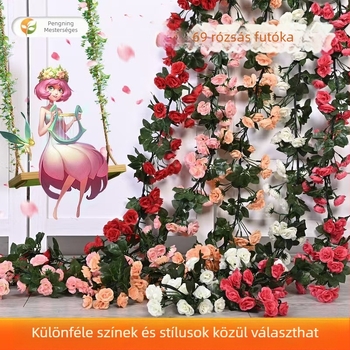 Mesterséges rózsa indás, selyemvirágokkal, esküvői és nappali dekoráció