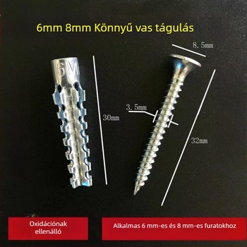 Expandálócső és csavar készlet, cink ötvözet, megerősített könnyű fém expandálócső, 6/8 mm téglához