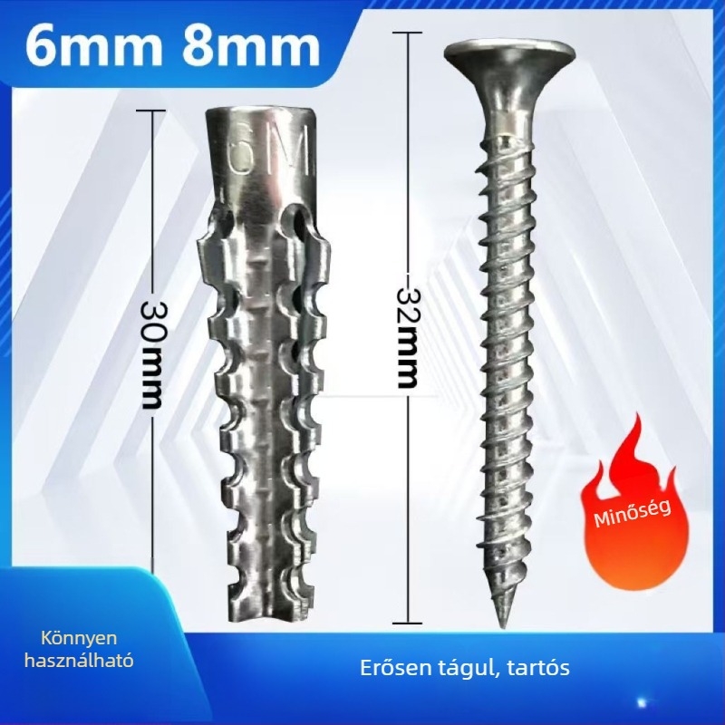 Expandálócső és csavar készlet, cink ötvözet, megerősített könnyű fém expandálócső, 6/8 mm téglához