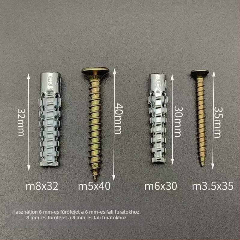 Expandálócső és csavar készlet, cink ötvözet, megerősített könnyű fém expandálócső, 6/8 mm téglához