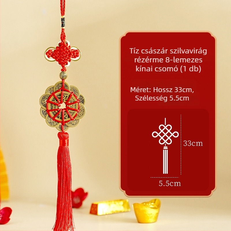 Kis, kézzel készített kínai csomó medál, koncentrikus csomóval és piros függőzsinórral, 2026-os modell