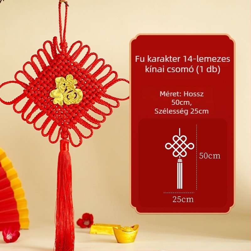 Kis, kézzel készített kínai csomó medál, koncentrikus csomóval és piros függőzsinórral, 2026-os modell