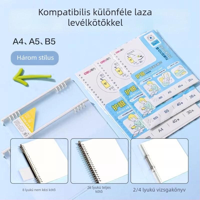 Deli nyomtatható DIY csereoldal füzethez – 26 lyukú univerzális szemkímélő töltőpapír, A4/A5/B5