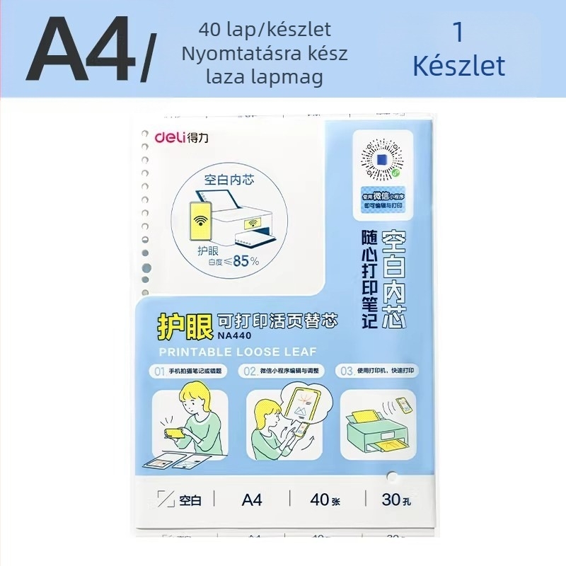 Deli nyomtatható DIY csereoldal füzethez – 26 lyukú univerzális szemkímélő töltőpapír, A4/A5/B5