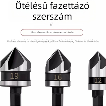 3 darabos készlet szénacél lyukak tágítására szolgáló él-chamferoló eszközök, fekete hatszögű nyéllel, öt vágóéllel, elektromos fúrókhoz és szerszámokhoz