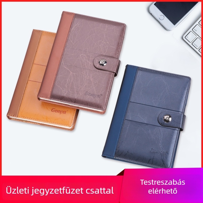Vállalati vastag notesz aranyfóliás logóval, műbőr borító, 296 oldal, krémszínű papír 80 g/m², A5 és B5 méretek, varrott kötés, irodai írószerszám készlet díszdobozban