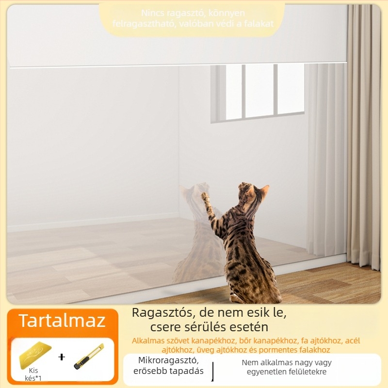 Átlátszó önragasztó falvédő fólia macskák okozta karcolások ellen; latex festésű falakhoz; vízálló és szennyeződésálló.