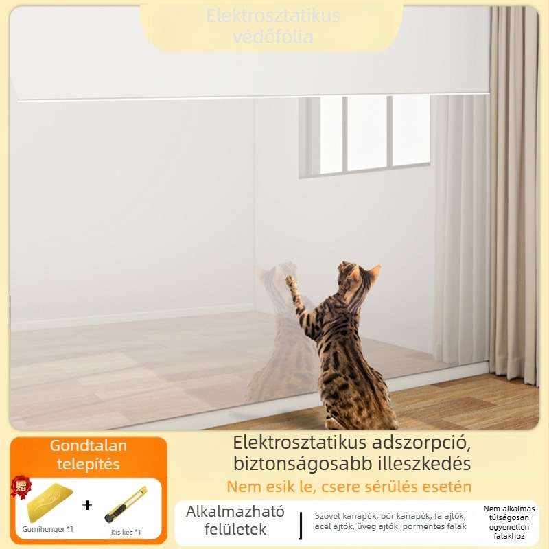 Átlátszó önragasztó falvédő fólia macskák okozta karcolások ellen; latex festésű falakhoz; vízálló és szennyeződésálló.