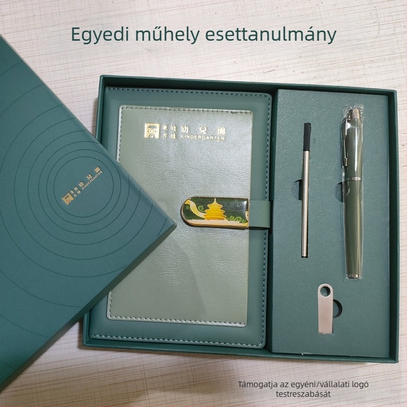 Emléktárgyak ajándékdoboz, üzleti notesz készlet, könyvjelző és USB flash meghajtó — testre szabható ajándék ügyfelek és tanárok számára