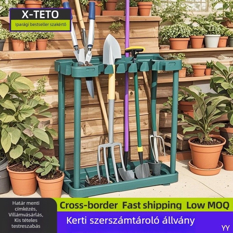 Kerti szerszámok tárolóállványa: ásó, metszőolló, mop-tartó és egyéb szerszámok rendezője