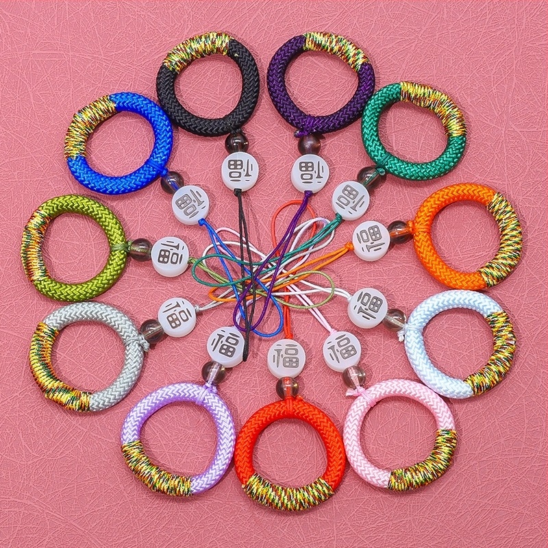 Nylon nyakpánt személyre szabható kínai csomó medállal és kristálygyöngyökkel, telefonhoz és USB-kábelhez