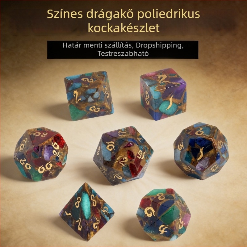 Színes aranyszínű drágakő dobókockák, poliedrális formájúak gravírozott számokkal a Dungeons & Dragons játékhoz, 7 darabos készlet, Z02