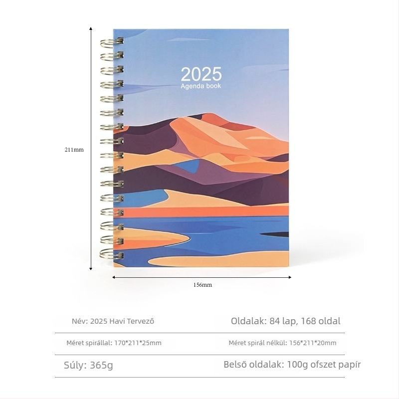 2025-ös havi tervező, A5 spirálfüzet, 168 oldal
