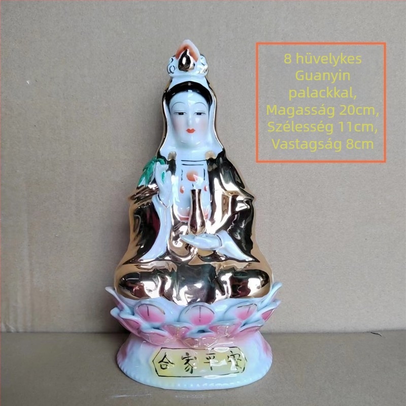 Elegáns kerámia Guanyin Bodhisattva szobor, ülő a lótuszón arany virággal