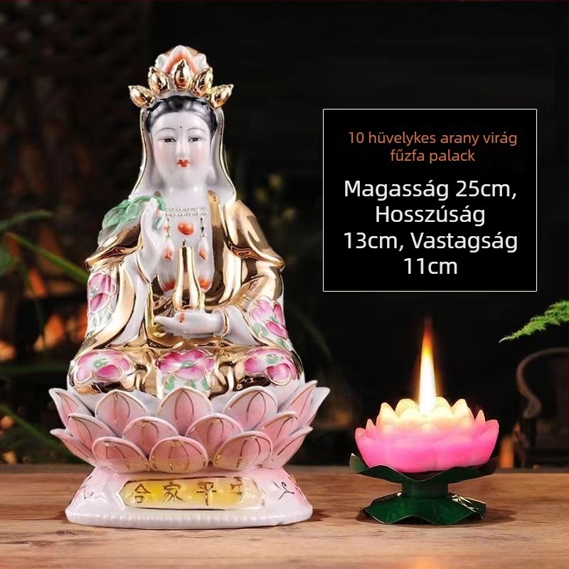 Elegáns kerámia Guanyin Bodhisattva szobor, ülő a lótuszón arany virággal