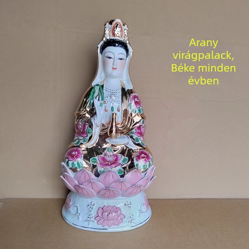 Elegáns kerámia Guanyin Bodhisattva szobor, ülő a lótuszón arany virággal