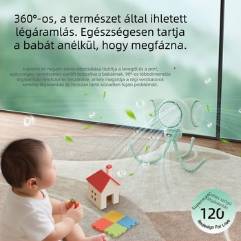 Polip formájú babakocsi ventilátor, szorítás elleni védelem, forgó fej, hordozható mini gyermek ventilátor zenével