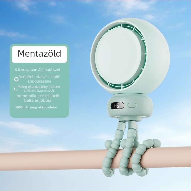 Polip formájú babakocsi ventilátor, szorítás elleni védelem, forgó fej, hordozható mini gyermek ventilátor zenével
