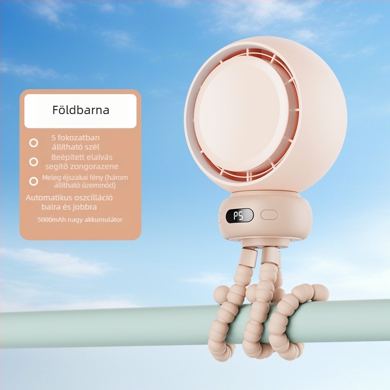 Polip formájú babakocsi ventilátor, szorítás elleni védelem, forgó fej, hordozható mini gyermek ventilátor zenével
