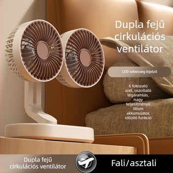 Kétfejű USB-s, újratölthető asztali ventilátor, oszcilláló, kompakt