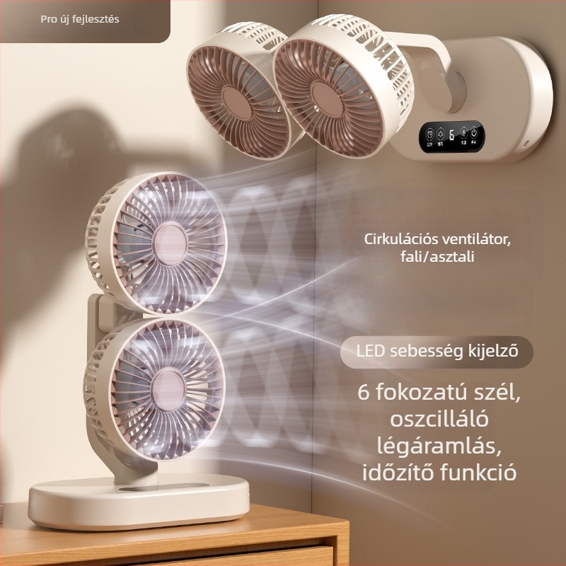 Kétfejű USB-s, újratölthető asztali ventilátor, oszcilláló, kompakt