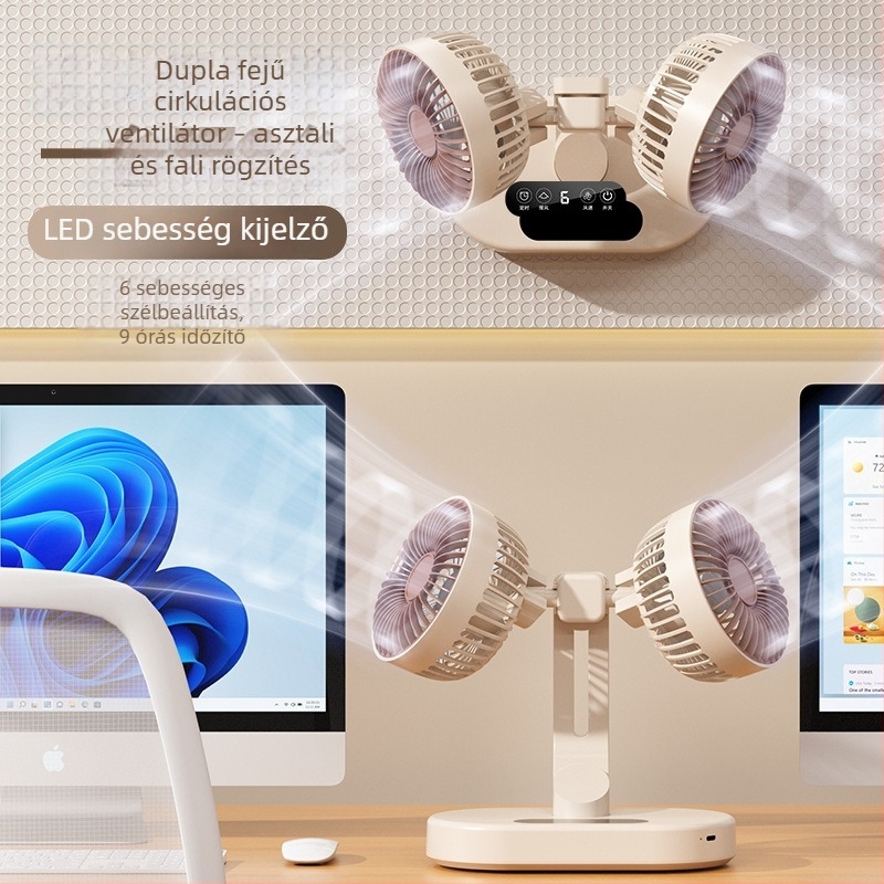 Kétfejű USB-s, újratölthető asztali ventilátor, oszcilláló, kompakt