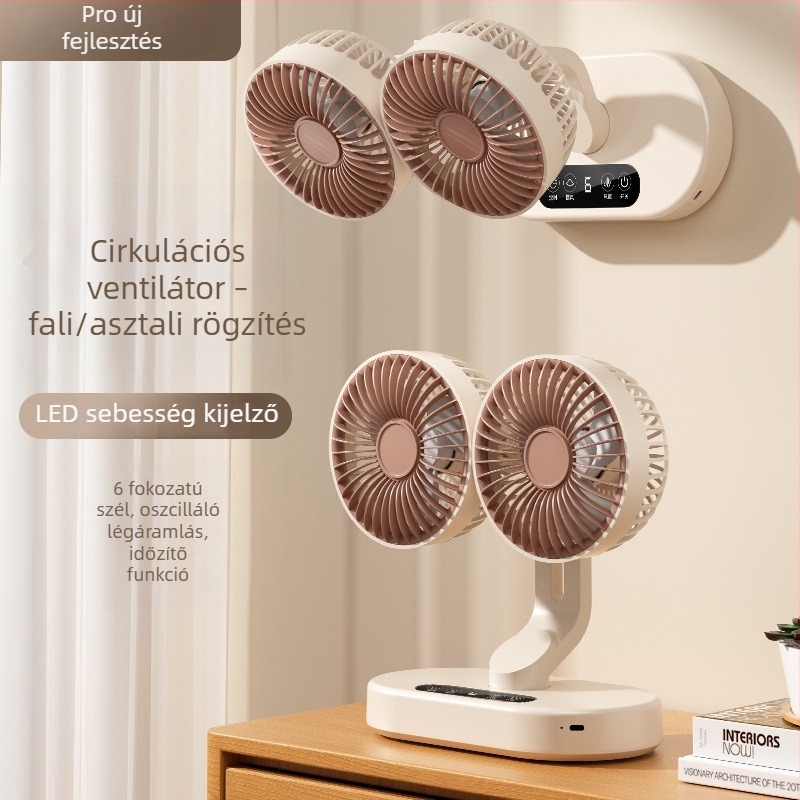 Kétfejű USB-s, újratölthető asztali ventilátor, oszcilláló, kompakt