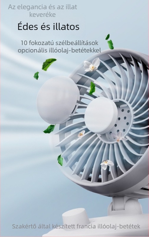 Kis hordozható asztali ventilátor oszcilláló fejjel, aromadifúzorral, USB tápegységgel, falra szerelhető