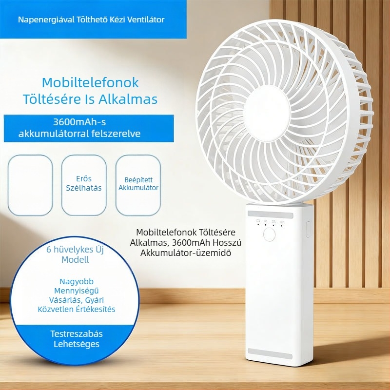 6 hüvelykes napelemes, hordozható USB-töltésű kültéri összecsukható kézi ventilátor
