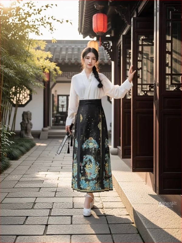Hanfu női szett: hosszú pliszált szoknya Mamian-stílusban, Ming-dinasztia ihletésű, hagyományos kínai stílus