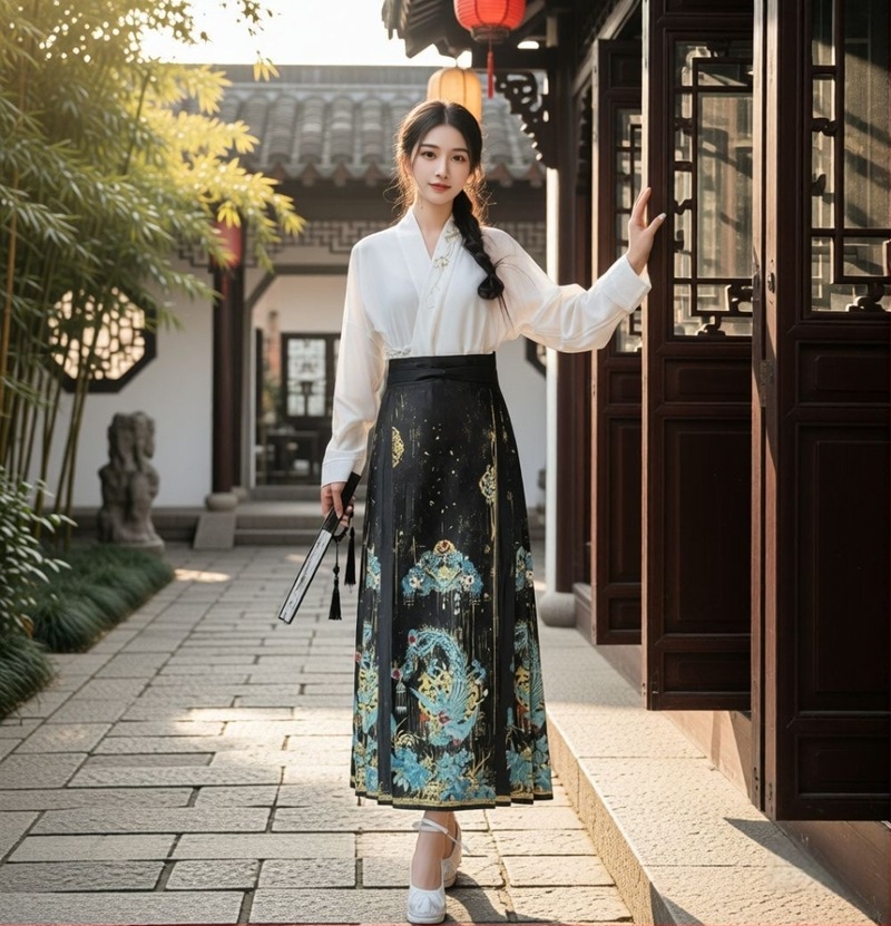 Hanfu női szett: hosszú pliszált szoknya Mamian-stílusban, Ming-dinasztia ihletésű, hagyományos kínai stílus