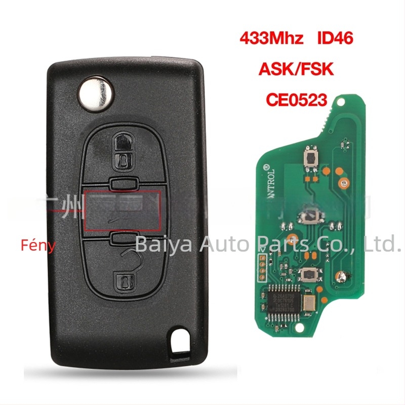 ID46 chip Peugeot Citroën kulcs 3 gombos, 433 MHz