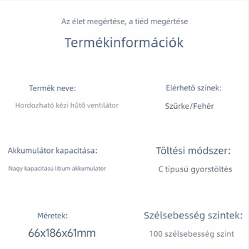Kézi USB-s újratölthető ventilátor, nagy sebességű turbina, 100 fokozat, hűtő légáram