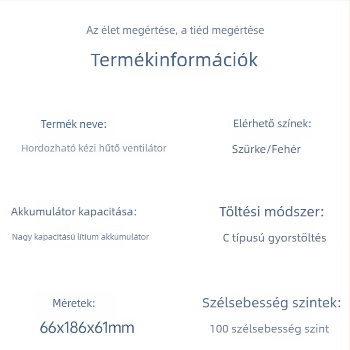 Kézi USB-s újratölthető ventilátor, nagy sebességű turbina, 100 fokozat, hűtő légáram