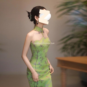 Zöld ujjatlan cheongsam ruha, modern kínai stílus, retro nyári viselet