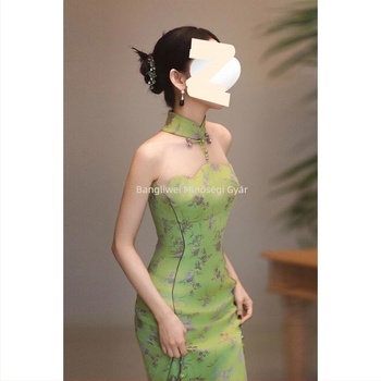 Zöld ujjatlan cheongsam ruha, modern kínai stílus, retro nyári viselet